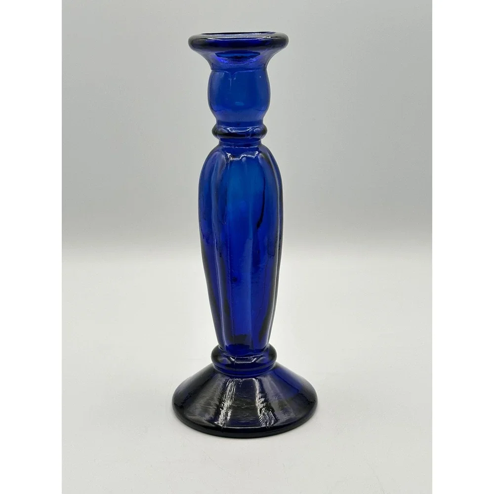 Vintage Cobalt Blue Glass Candlestick Holder 9 Inch Ribbed Taper Candle Stand